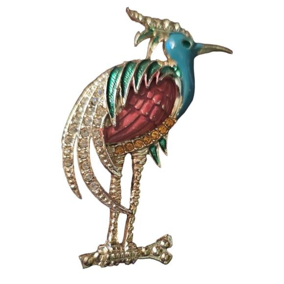 Unbranded Accessories - Vintage Blue Peach Enamel & Rhinestone Tall BIRD Brooch Pin